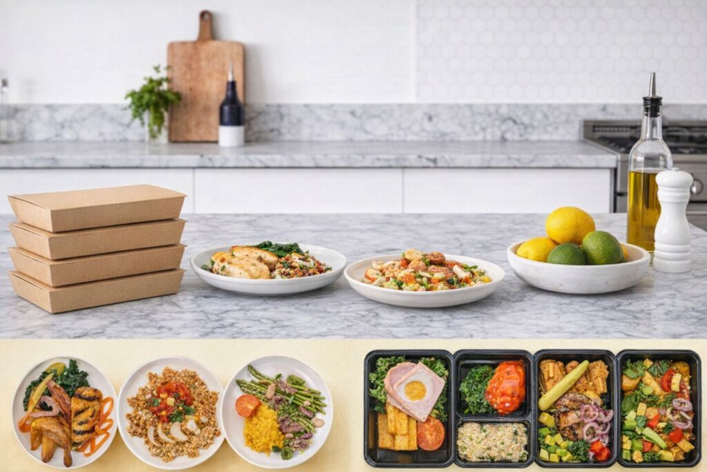 Hälsosamma glutenfria rätter i matlådor och på tallrikar i ett ljust kök.