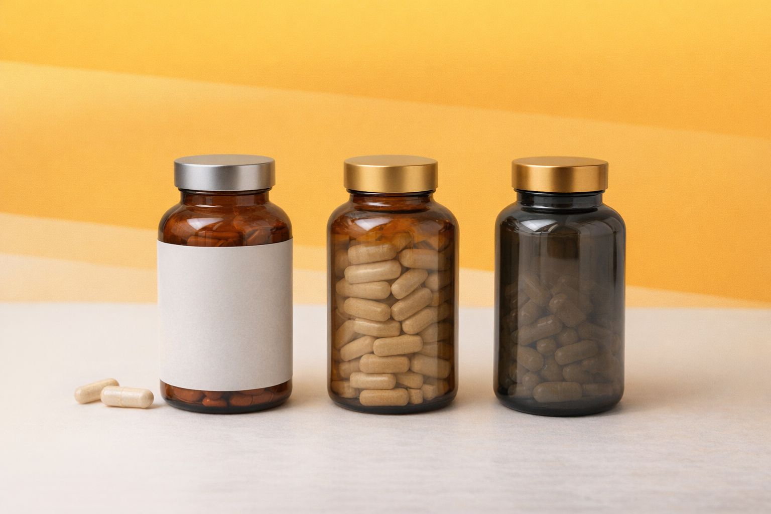 Tre glasburkar fyllda med kapslar för kosttillskott som ZMA-tabletter på en gul bakgrund.